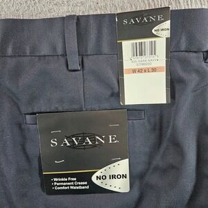 Savane Mens No Iron Dress Pants Dark Navy Blue 42x30 Wrinkle Free Cotton NEW NWT